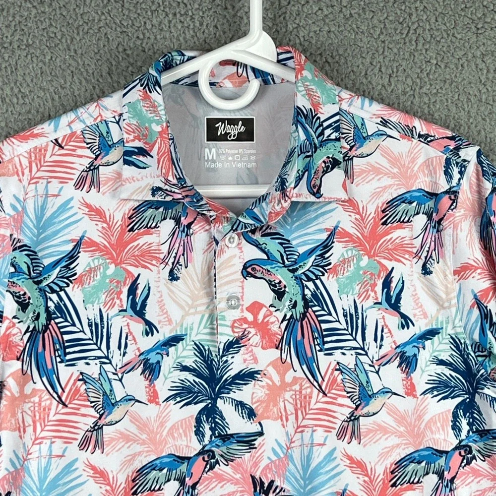 Waggle Mens Golf Polo Shirt Medium multicolor Tropical Bird Palm Performance - Picture 2 of 11